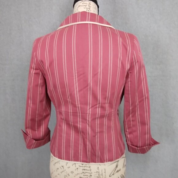 Express | Blazer Pink Ivory Stripe Fitted Lined Jacket Cotton Stretch | Size 4 - Picture 6 of 9